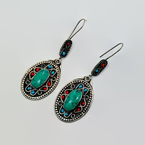 Green Earrings, Afghan, Middle Eastern, Boho, Jasper, Gypsy, Vintage, Pierced - Picture 2 of 3